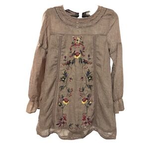Giddy Up Women Brown Floral Embroidered Boho Tunic Top Lace Trim Ruffle Sleeve